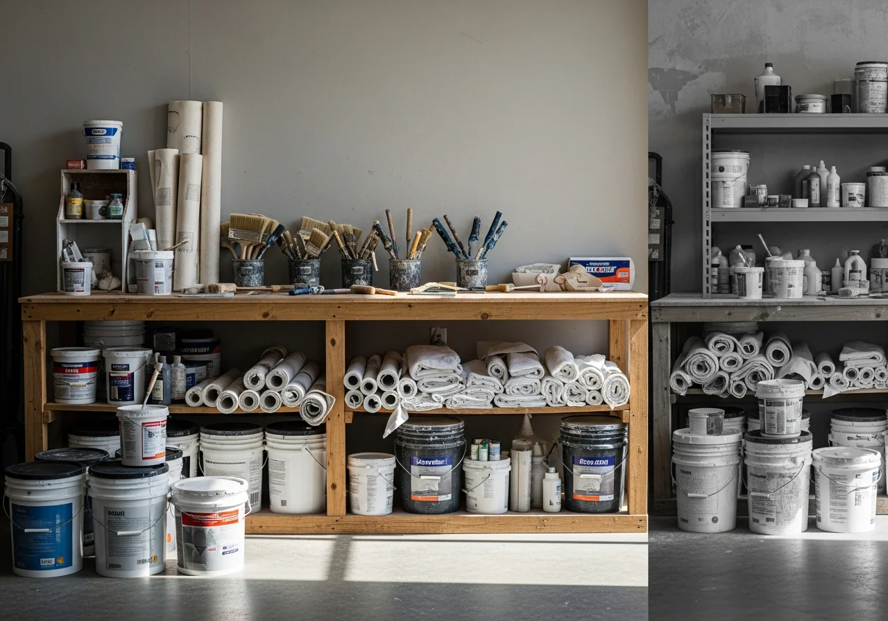 Professional painting and wallpaper installation tools and materials ready for residential projects.