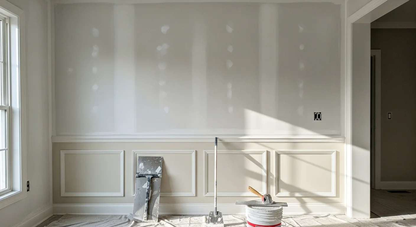 Drywall contractor finishing and smoothing interior wall surface