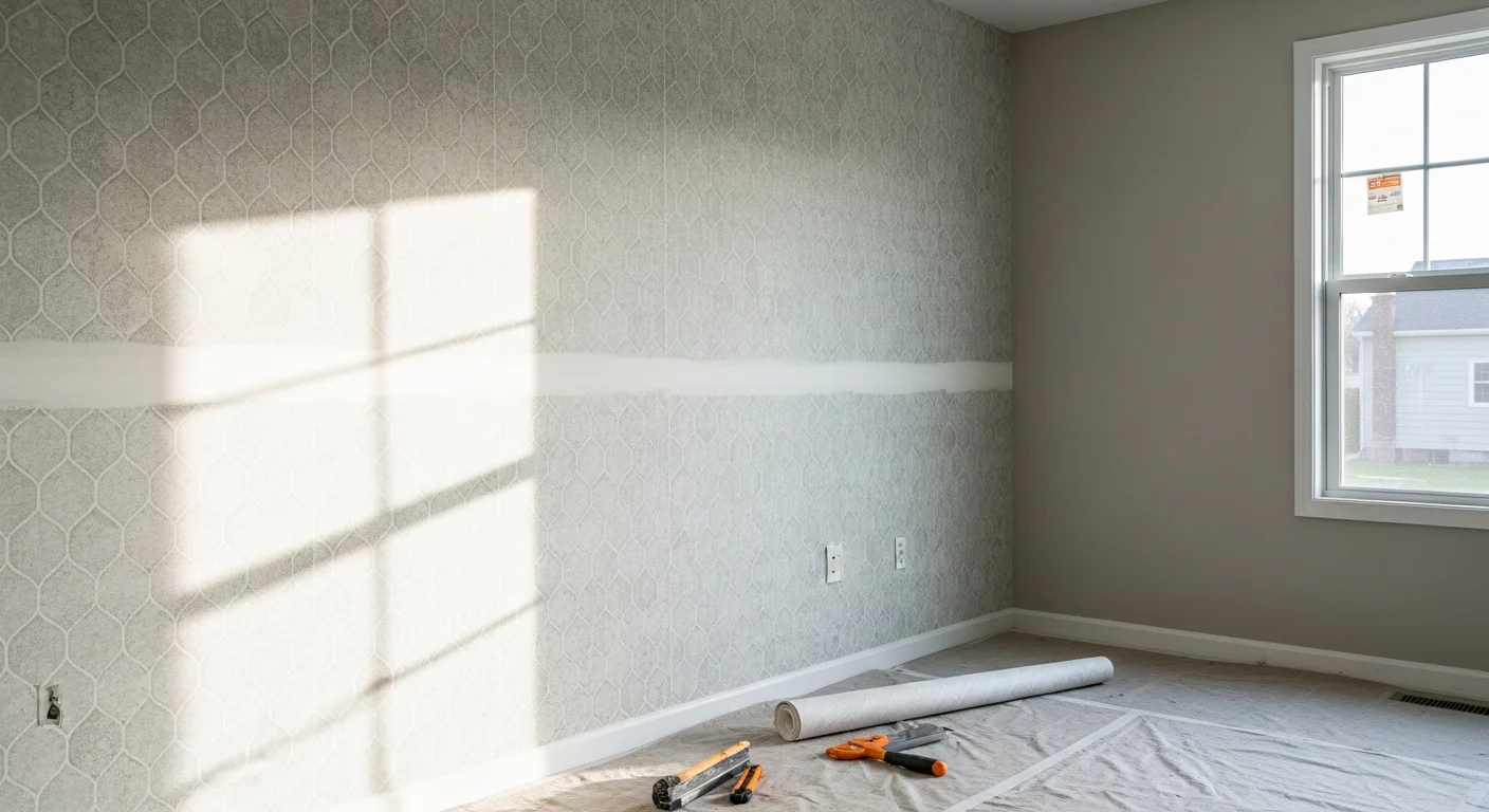 Professional wallpaper installer applying patterned wallpaper to a residential wall