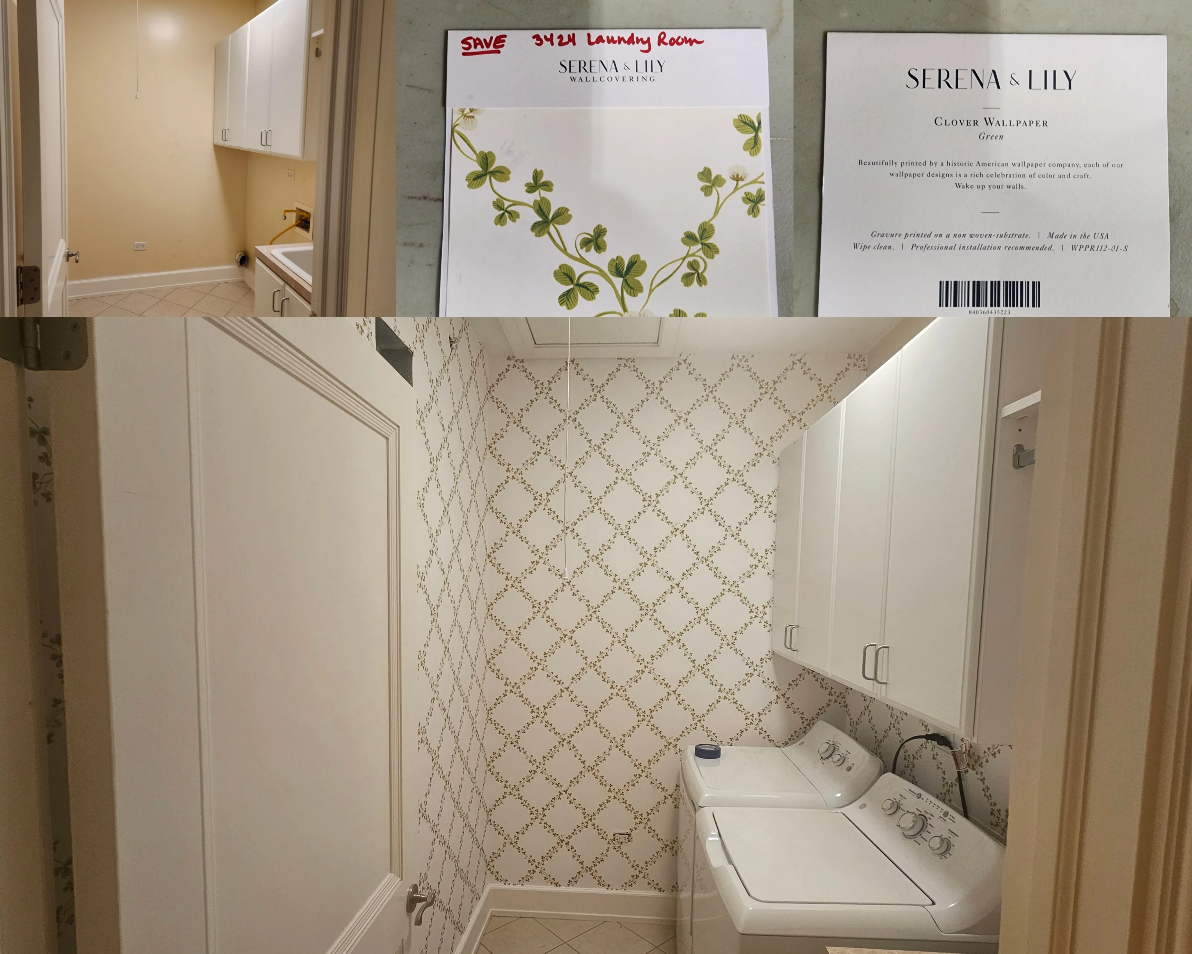 Laundry room with geometric patterned wallpaper, white cabinetry, and stacked washer-dryer units