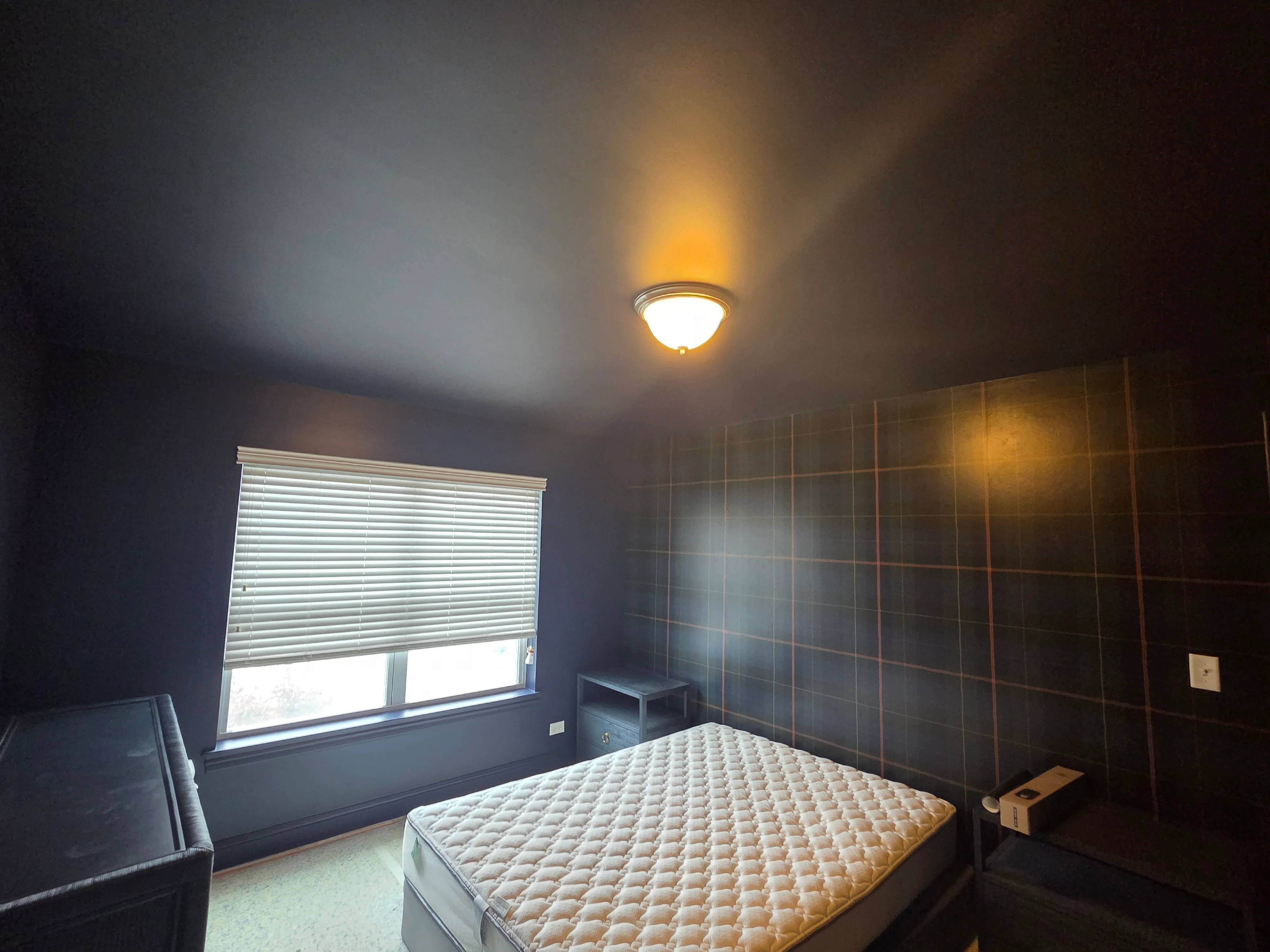 Dark navy painted bedroom walls with plaid accent wall pattern, painted ceiling, and trim work