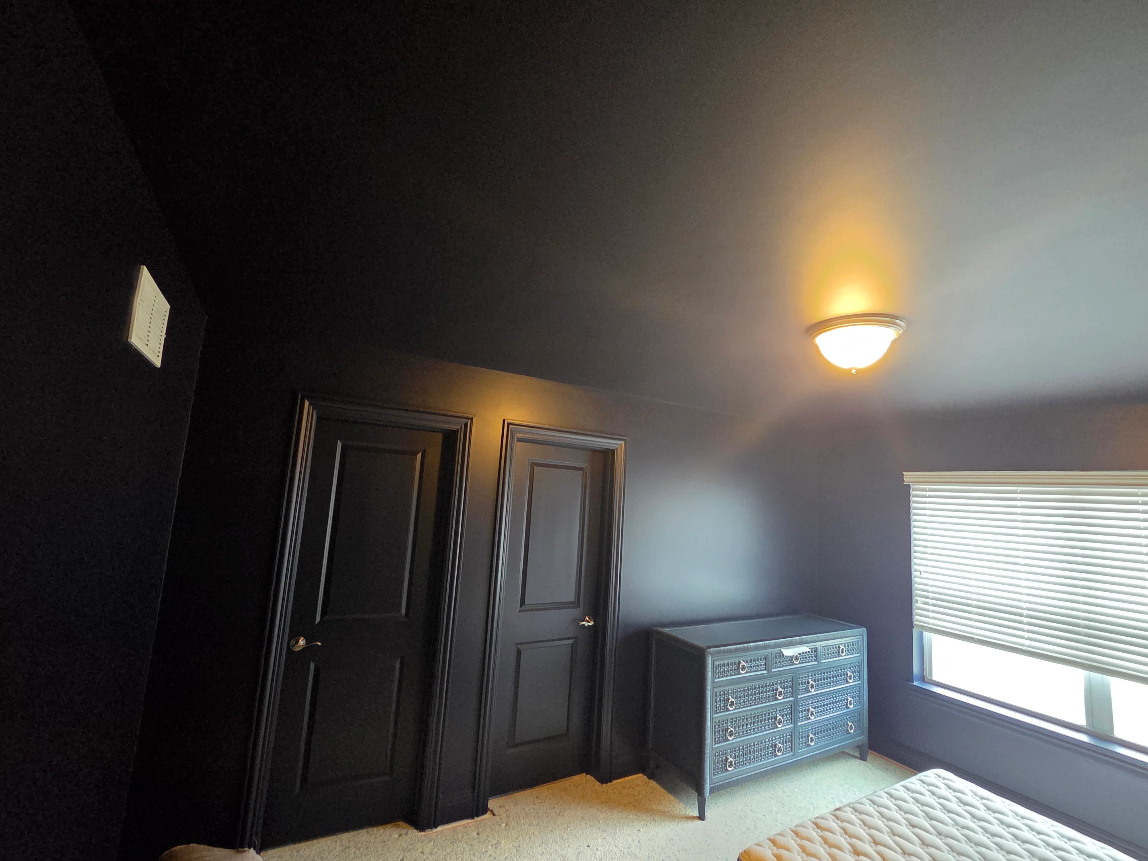 Dark gray-blue painted bedroom with black doors, recessed ceiling light, and white roller blinds