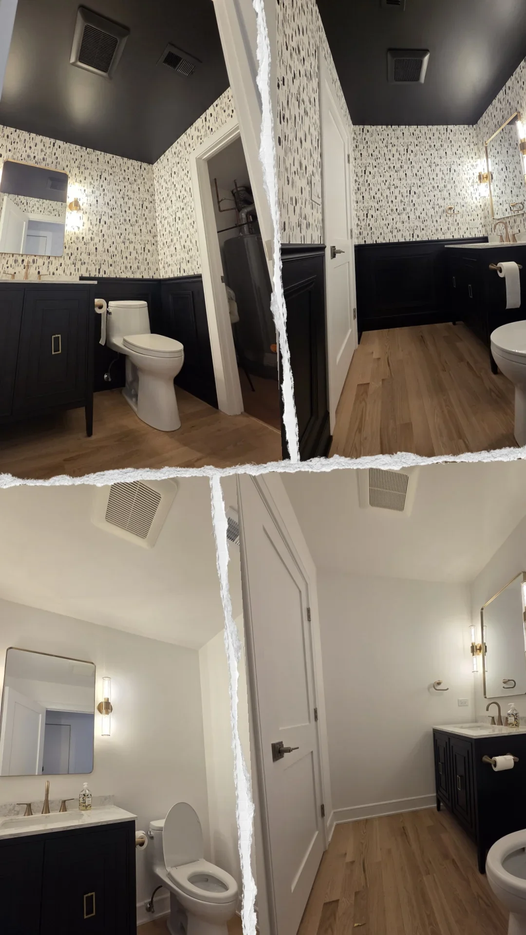 Bathroom with charcoal and white two-tone walls, terrazzo wallpaper, dark ceiling, and wood flooring