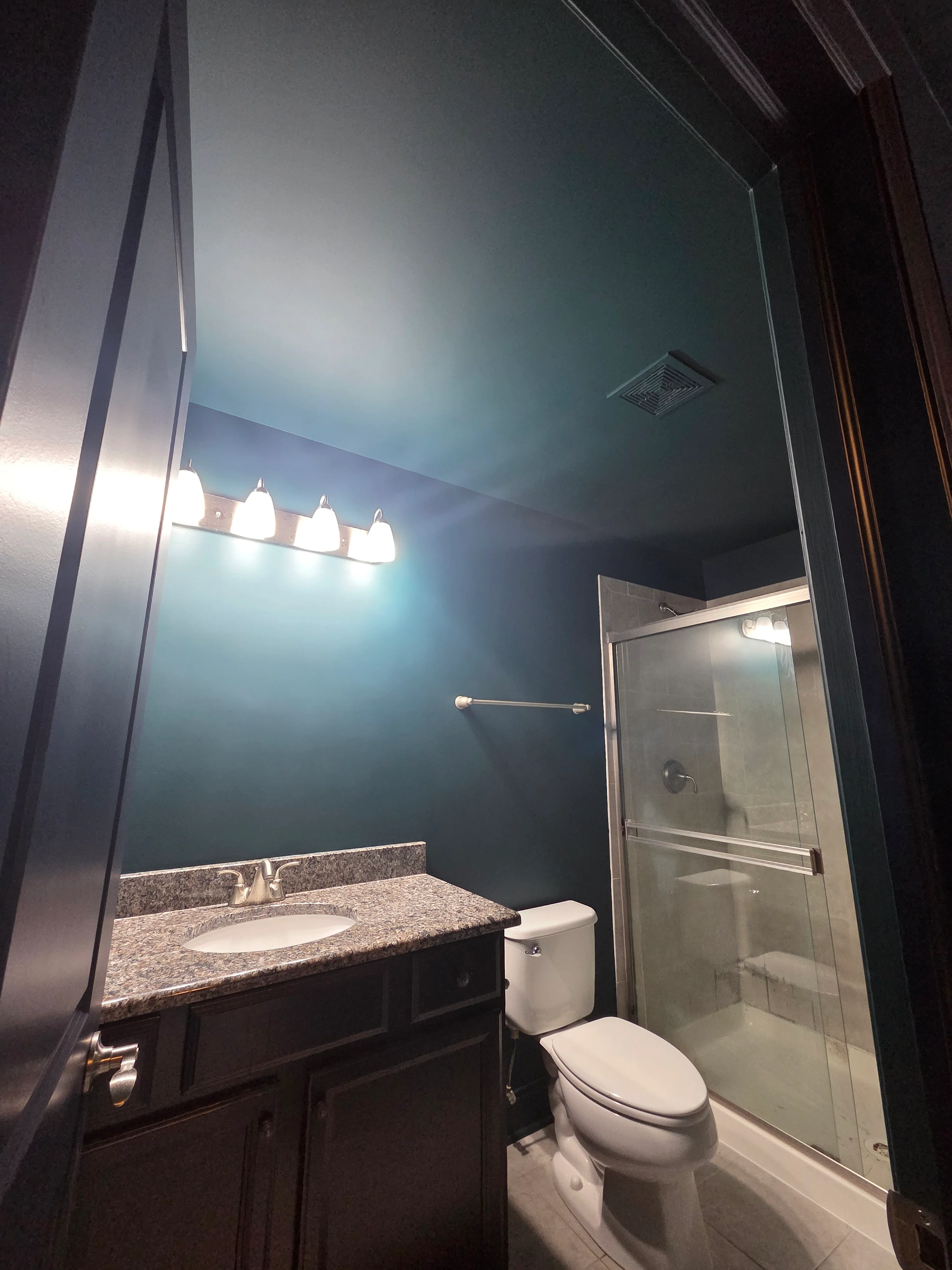 Bathroom with teal painted walls and ceiling, granite vanity, white toilet, and glass shower enclosure