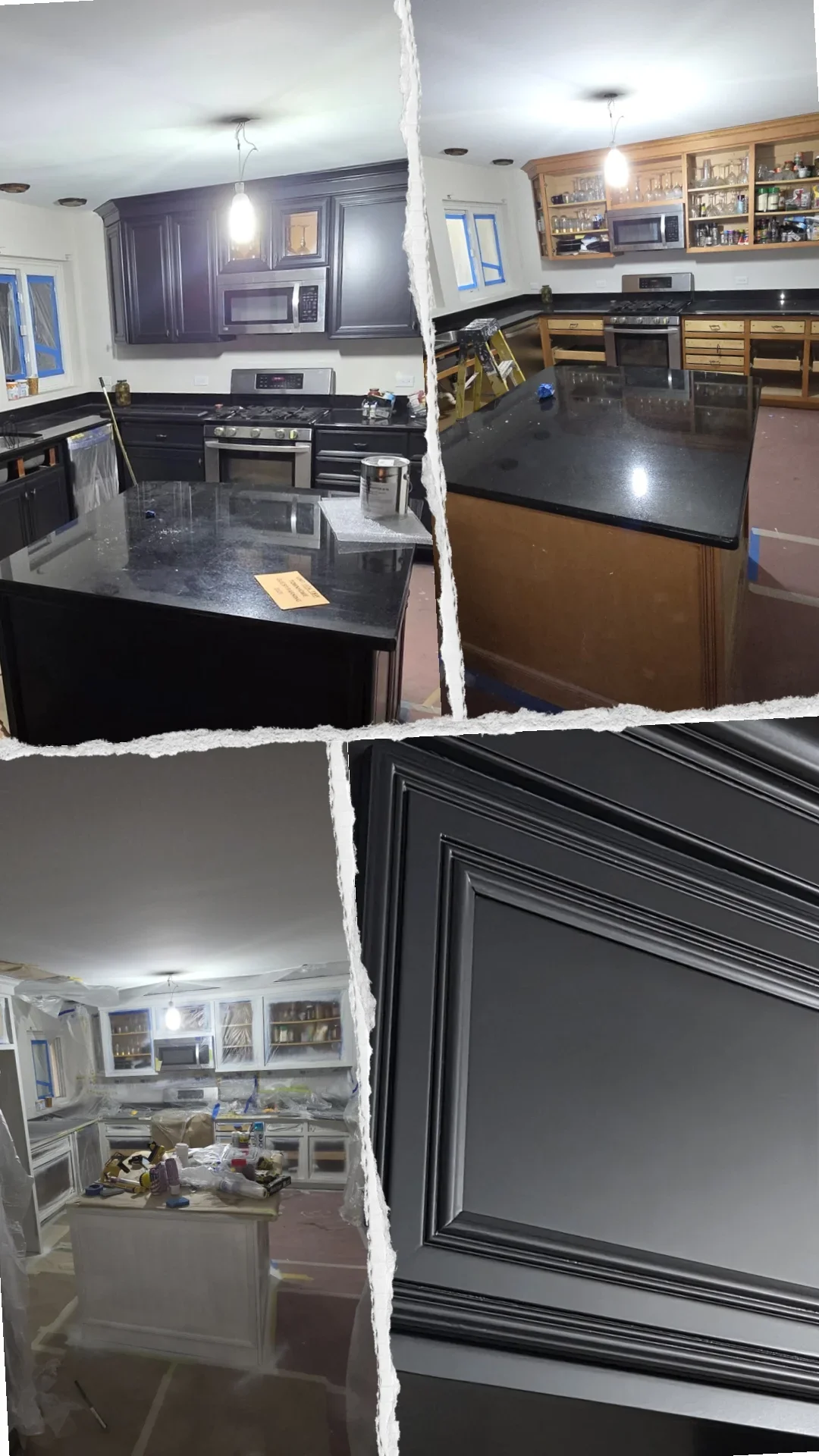 Kitchen cabinets painted charcoal and espresso with white ceiling and recessed lighting