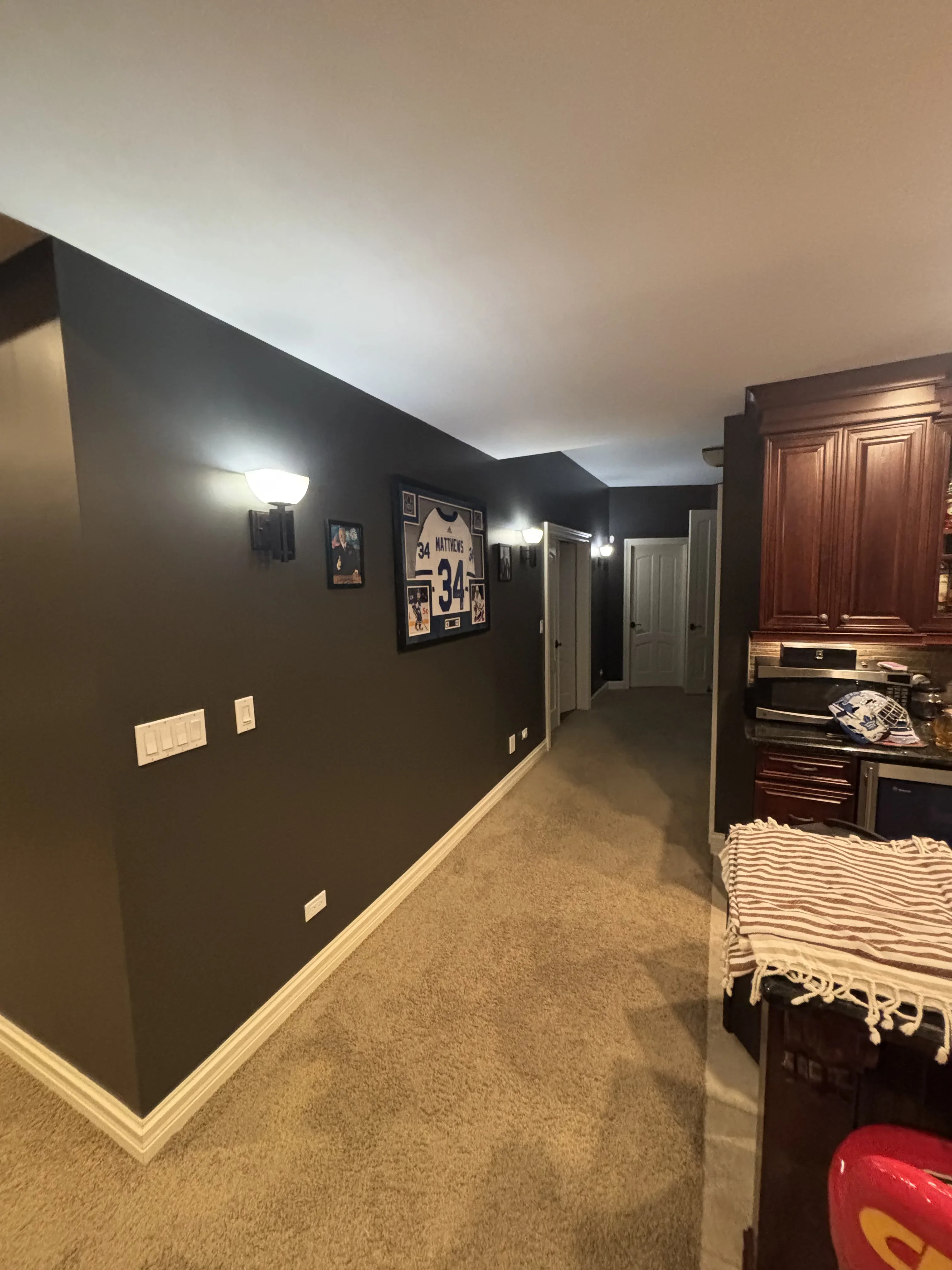Dark charcoal painted basement walls with white trim, recessed lighting, and neutral ceiling