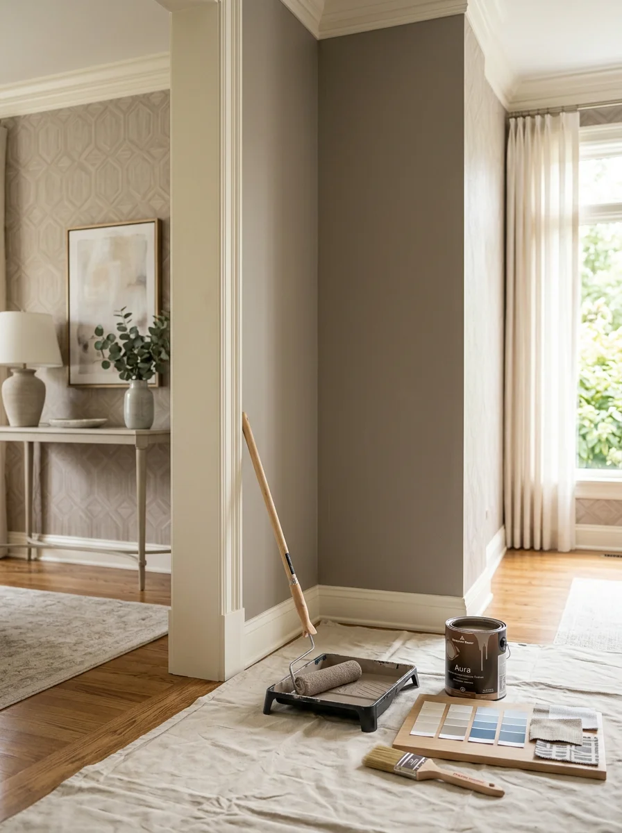 Interior room with professional painting and custom wallpaper design in upscale Burr Ridge residence