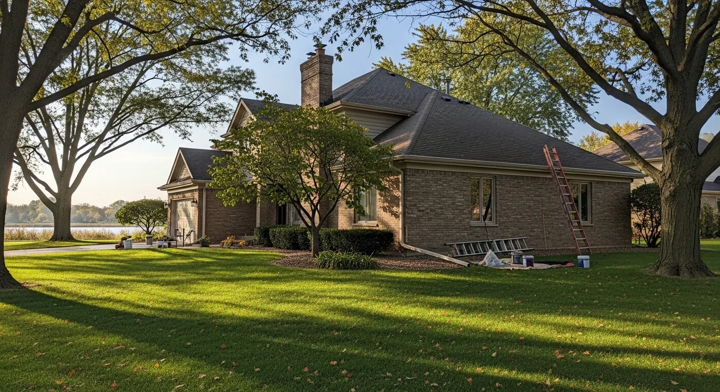 Wide view of a well-maintained residential property in Channahon with mature trees and open yard space near the Des Plaines River area.