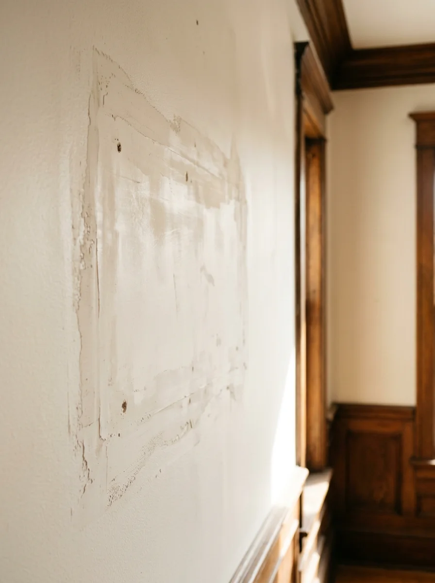 Close-up of plaster wall repair and interior painting in a Cook County home with original trim and woodwork