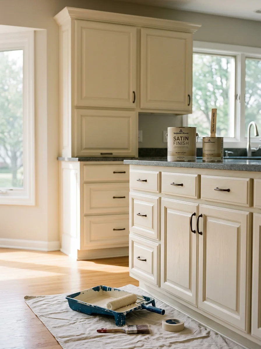 Interior kitchen with refinished cabinets and fresh paint in a DuPage County home