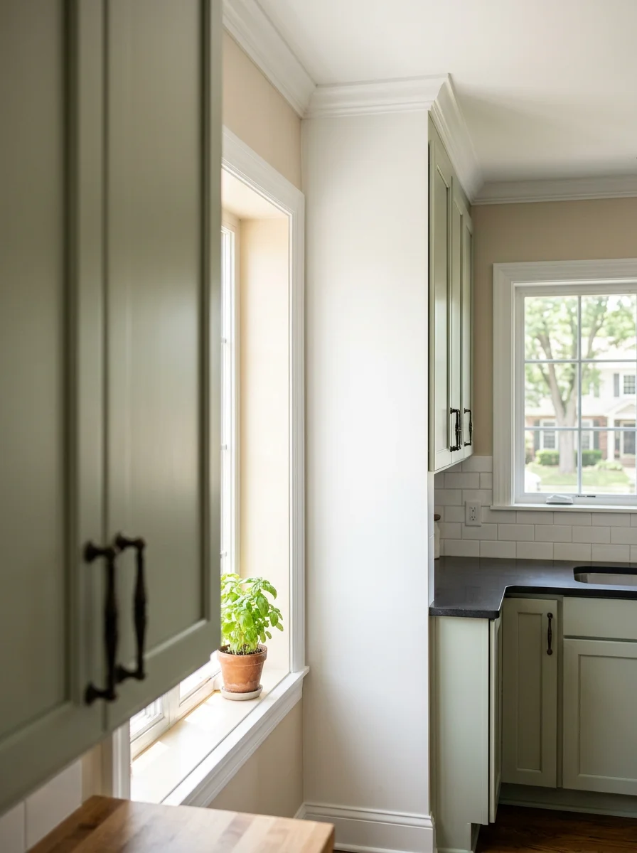 Interior kitchen with freshly painted cabinets and drywall in a Kendall County home