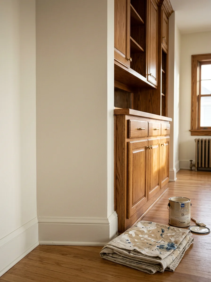 Interior room with newly painted walls and refinished wood cabinets