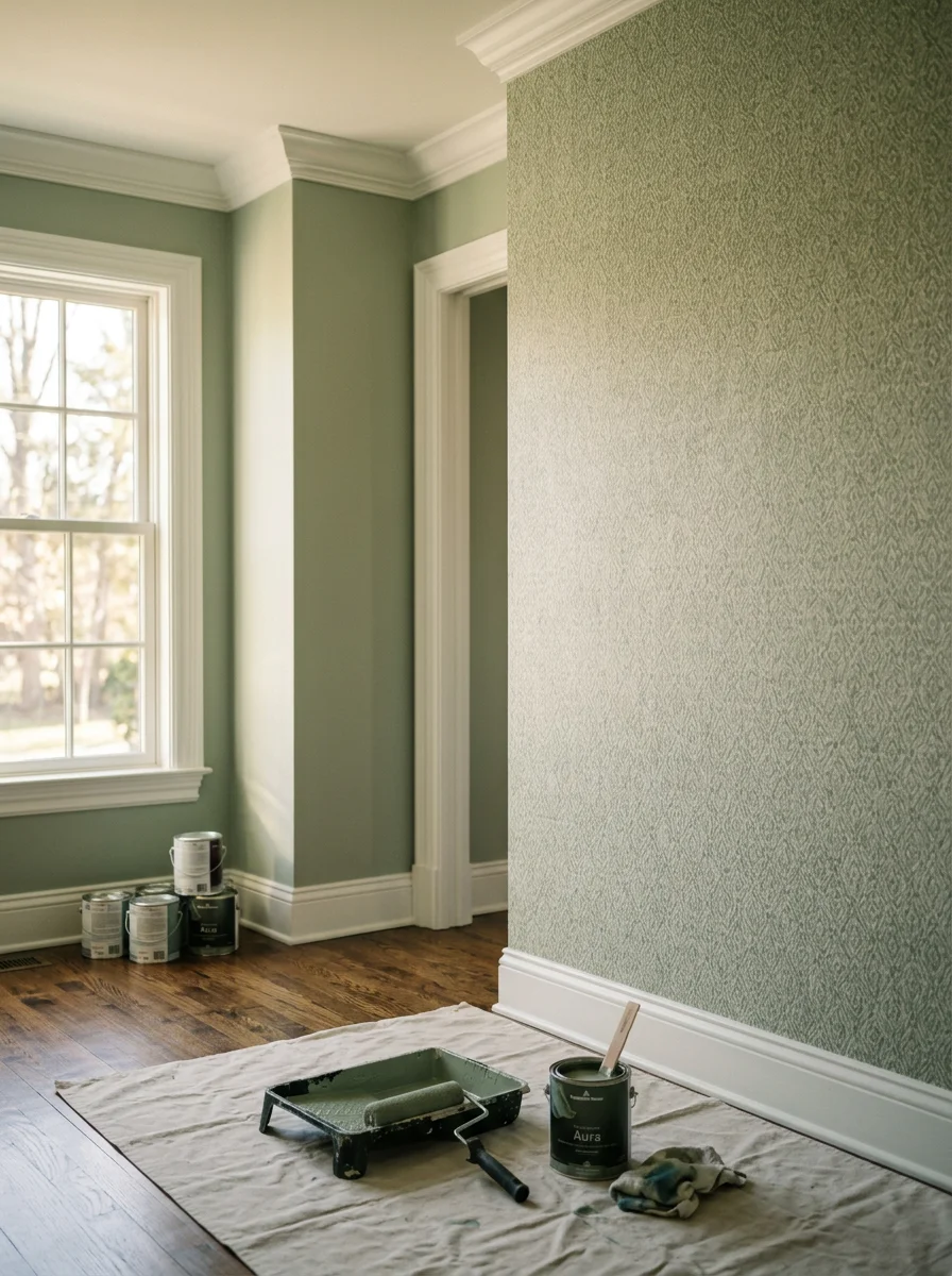 Interior room with newly painted walls and professional wallpaper installation