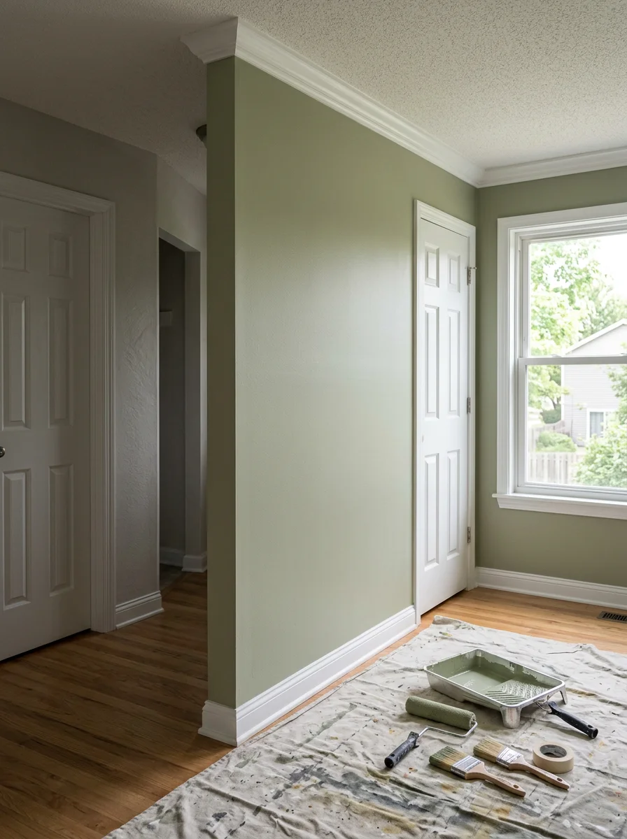 Interior painting project showing freshly painted walls and professional finishing work