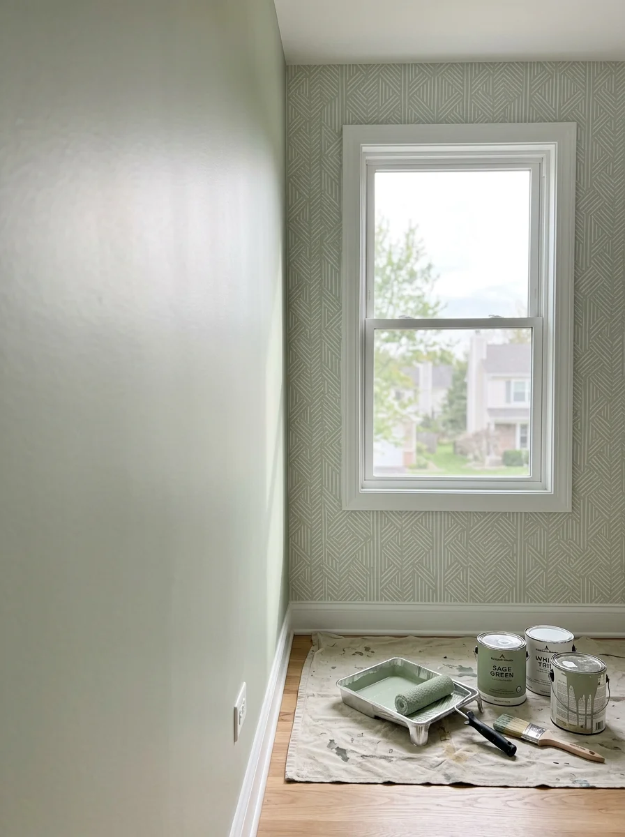 Interior room with freshly painted walls and professional wallpaper installation in Oswego home