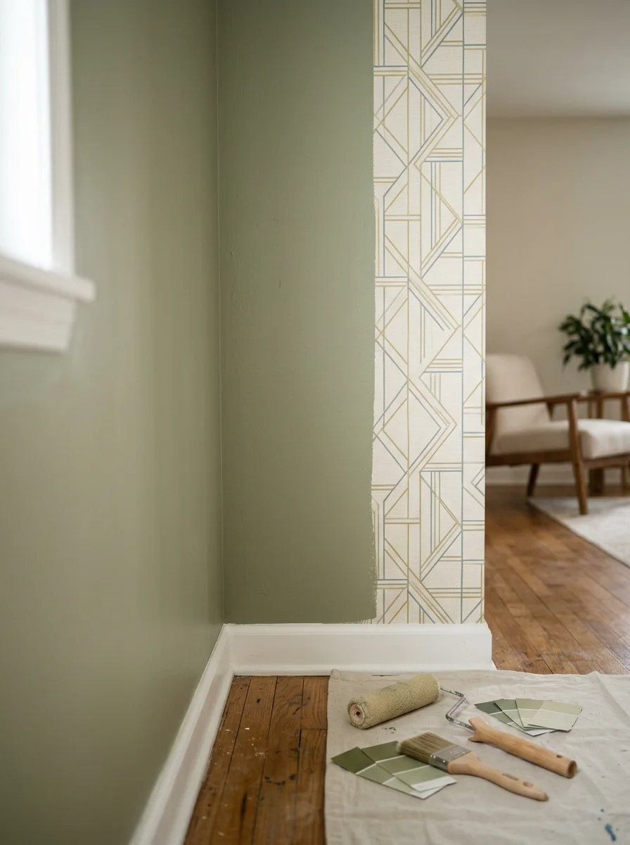 Interior living room with fresh paint and custom wallpaper installation