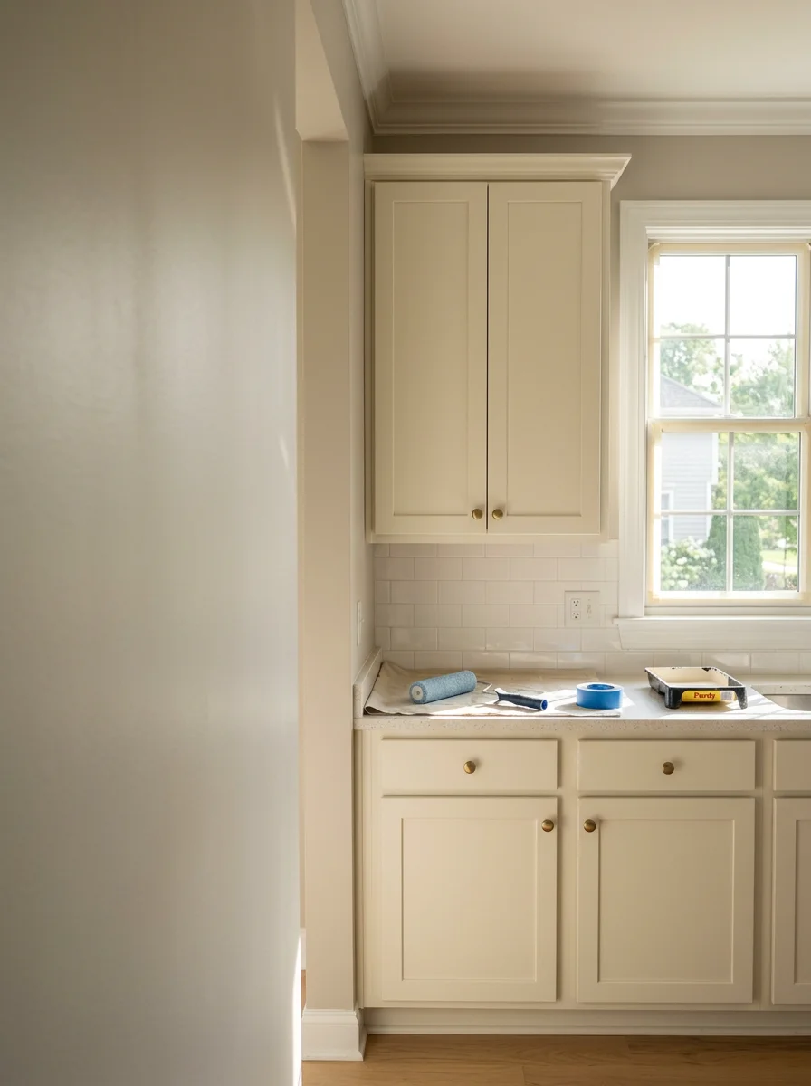 Interior kitchen with refinished cabinets and fresh paint in a Will County home, showing professional drywall finishing and trim work