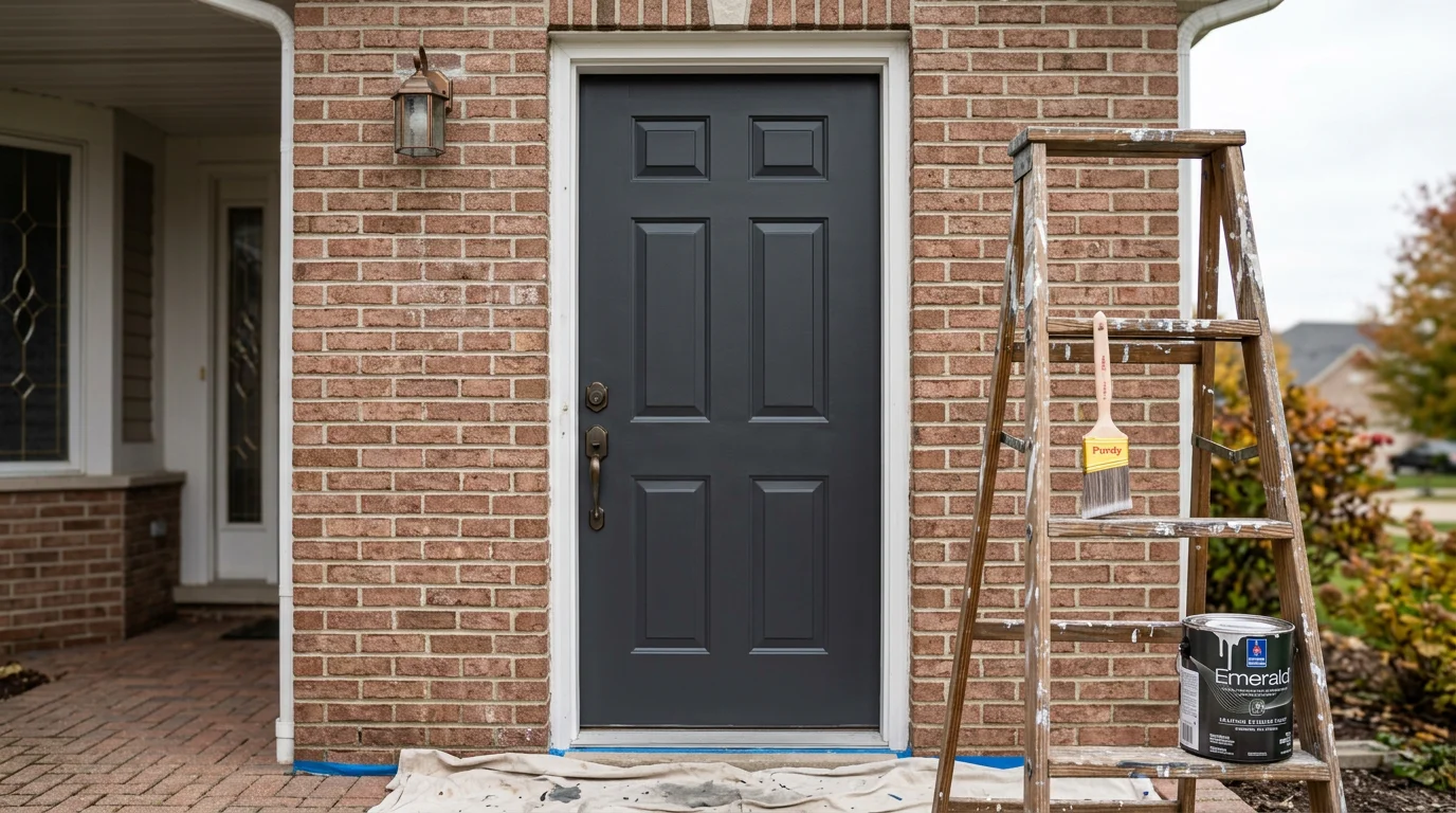 A freshly painted front entry door on a residential home in Channahon, Illinois, showing clean edges, even color, and no peeling or fading. The painted door contrasts neatly against the surrounding trim and exterior siding.
