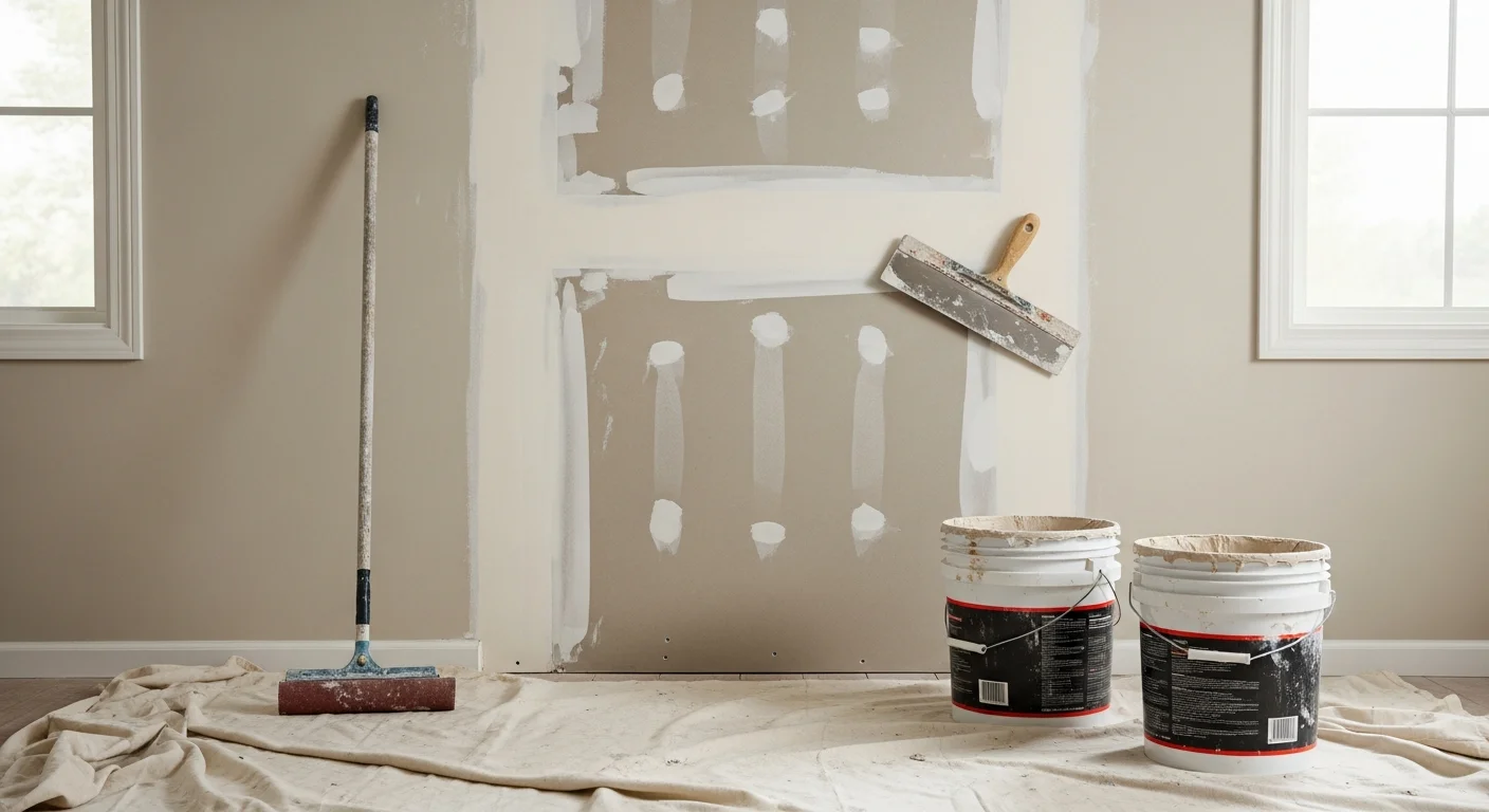 A smooth, freshly patched interior wall in a Channahon single-family home, with joint compound sanded flat and ready for paint. The repaired section blends evenly with the surrounding wall surface.