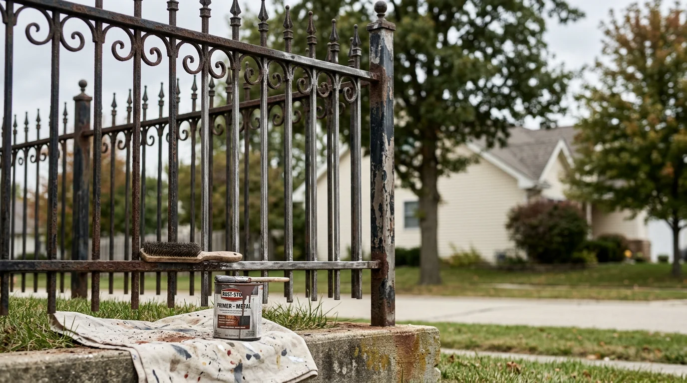 A freshly painted black metal railing on a residential porch in Channahon, Illinois, showing clean, even coverage with no rust or peeling. Close-up view highlights smooth finish on wrought iron spindles after professional metal painting service.