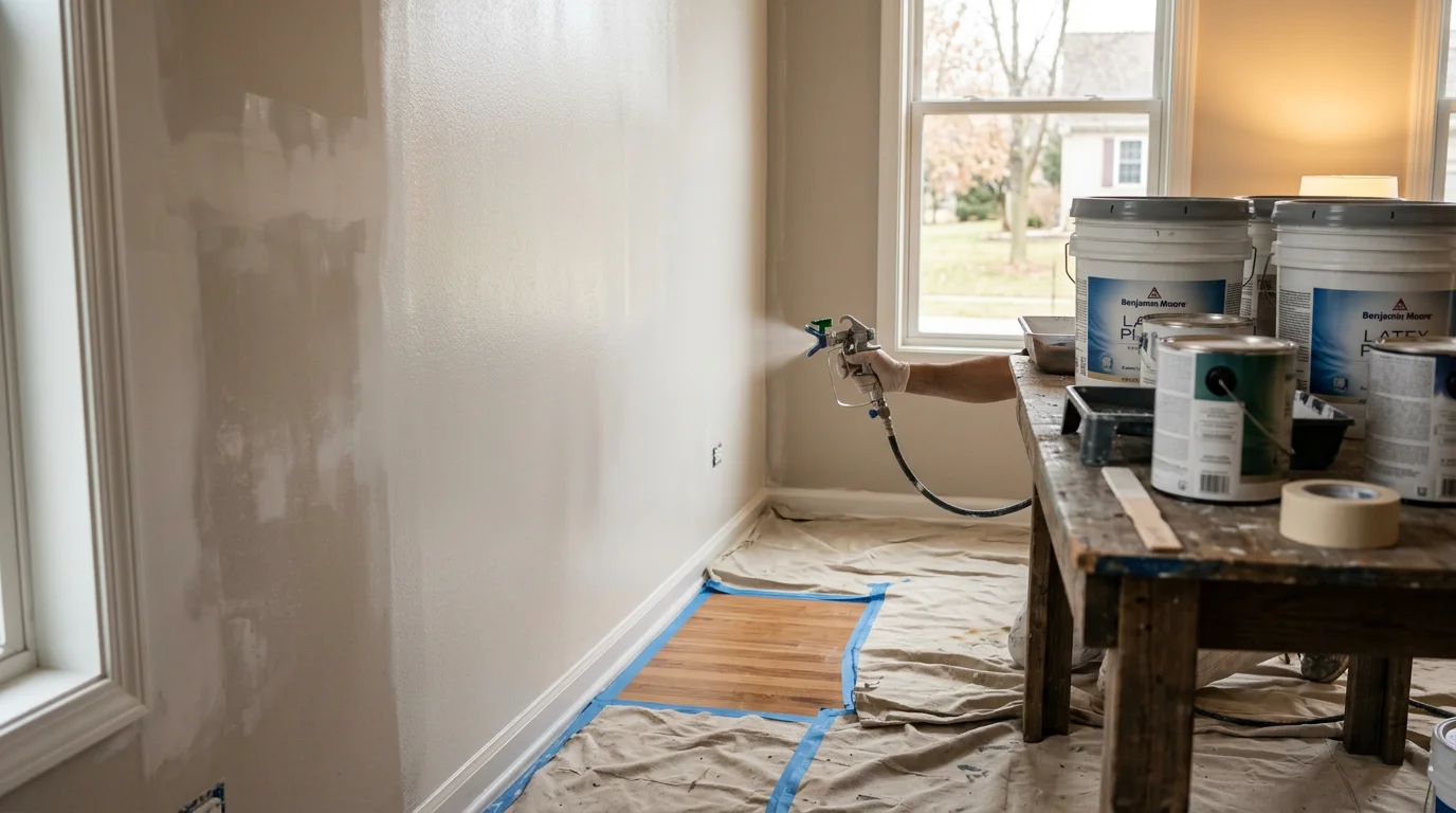 A painter from BHM Decorating LLC applying an even spray coat to the exterior siding of a residential home in Channahon, Illinois. Surrounding windows and trim are fully masked with protective film and tape.
