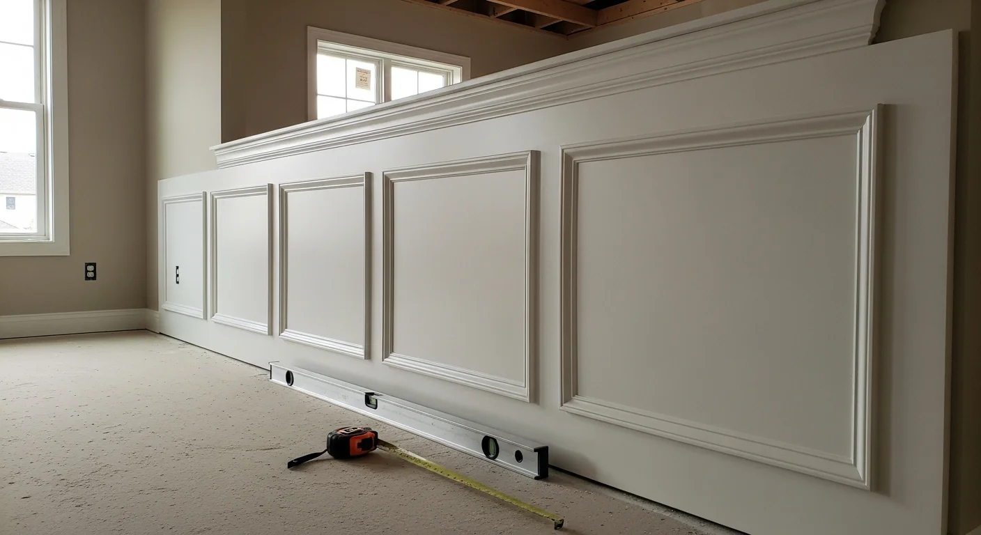 Freshly installed wainscoting panels along the lower half of a dining room wall in a Channahon, Illinois single-family home. Panels are level, seams are finished, and the surface is ready for paint.