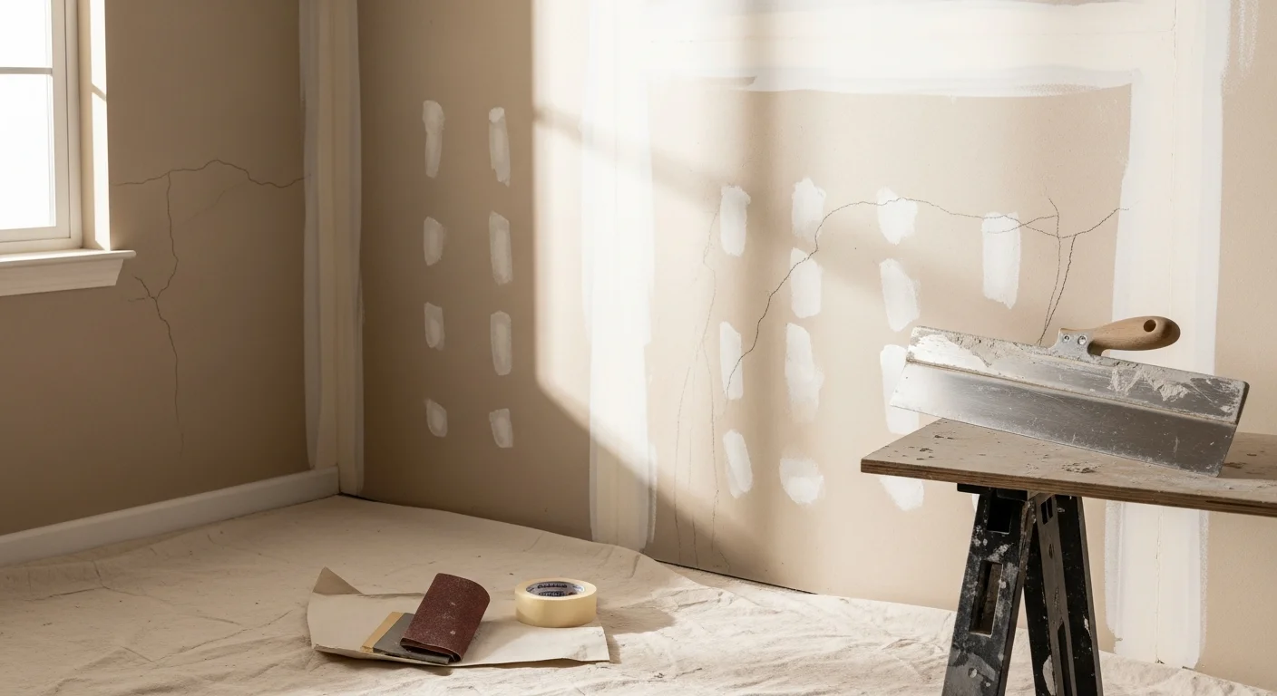 A freshly repaired and skim-coated interior drywall section in a Channahon, IL single-family home, showing a smooth, paint-ready surface blending seamlessly with the surrounding wall. The repaired area covers a previously damaged section in a residential hallway with natural light visible from a nearby window.