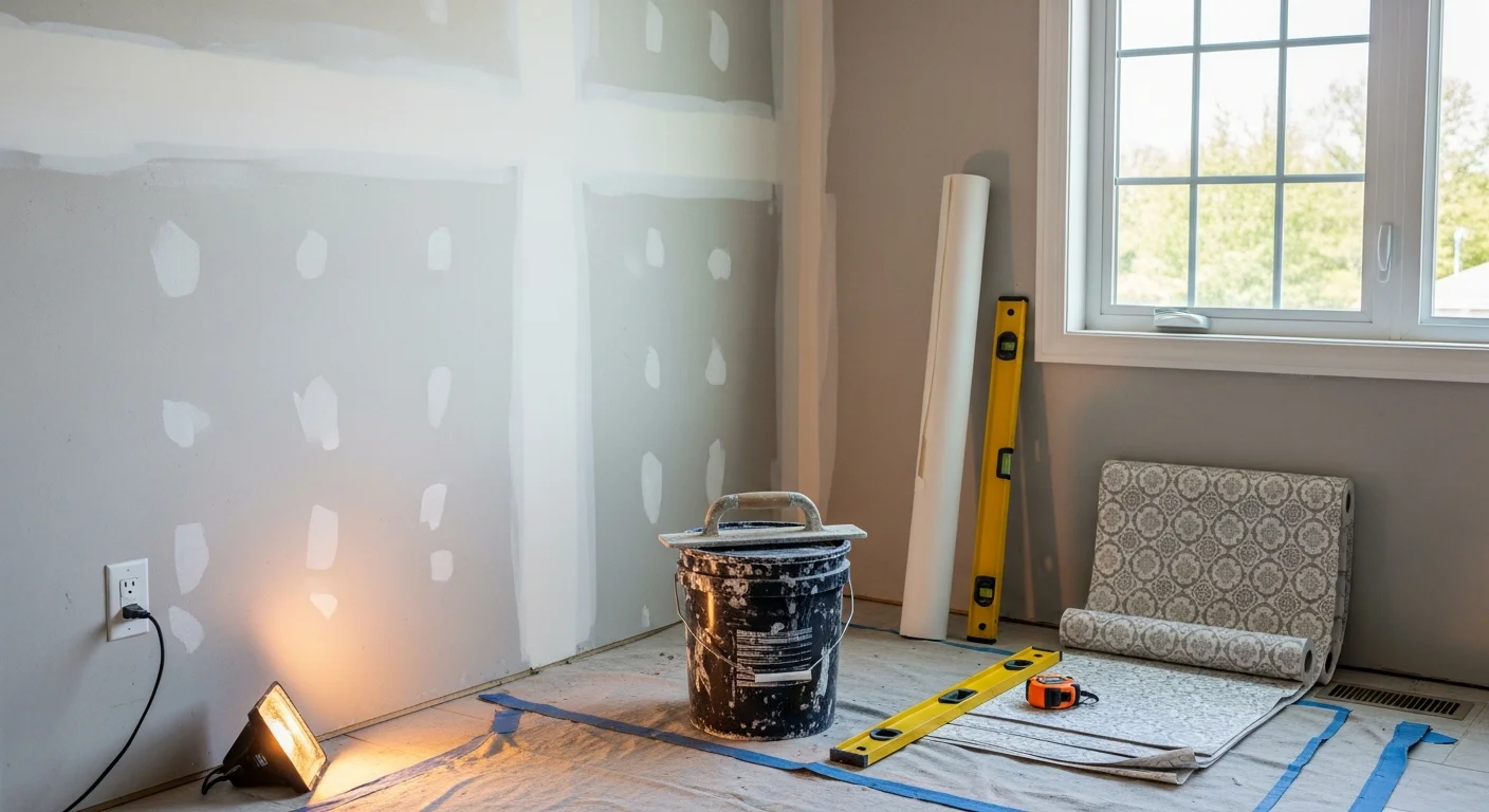 A freshly wallpapered accent wall in a single-family home in Channahon, IL, showing clean seams and a sharp pattern match from floor to ceiling. A professional installer from BHM Decorating LLC smooths the final panel into place in a bright, furnished living room.
