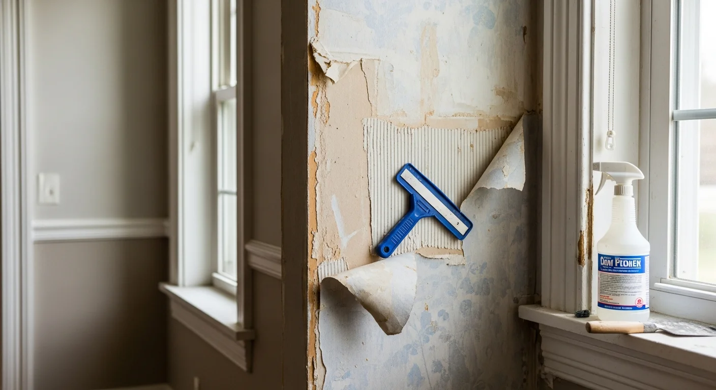 A Channahon, IL dining room wall with old patterned wallpaper fully stripped and the smooth drywall surface exposed, ready for painting. A professional wallpaper removal crew member works along the baseboards to clear remaining adhesive residue.