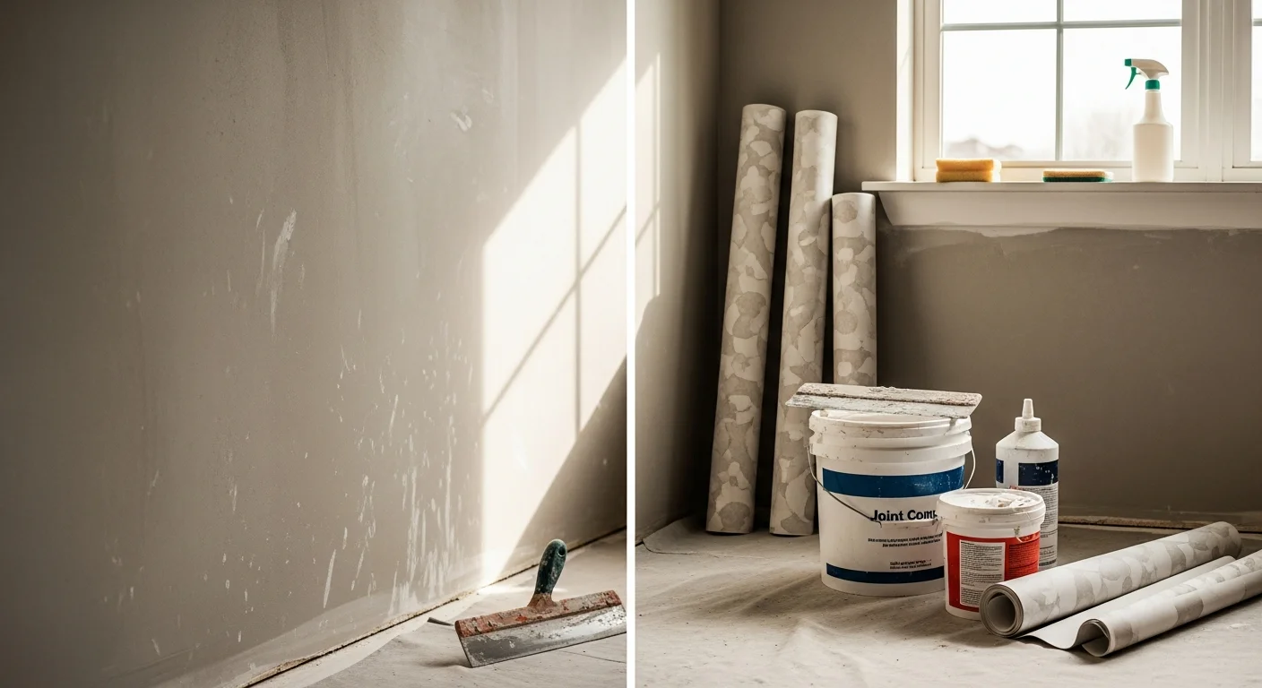 A freshly wallpapered dining room in a Channahon single-family home, showing clean seams and a consistent pattern across all four walls. The old wallpaper has been fully removed and the new covering is smooth and flat against the prepared wall surface.