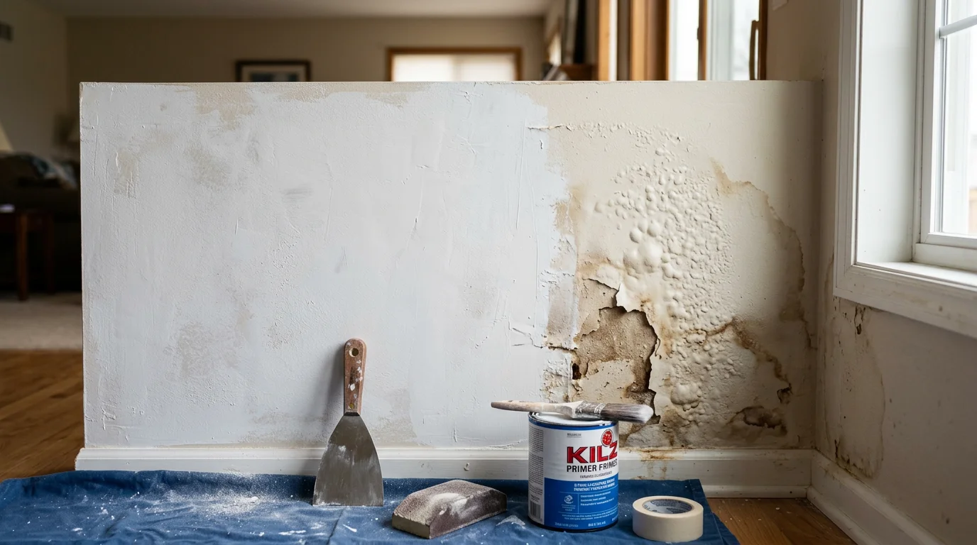 Interior wall in a Channahon home showing a freshly repaired and repainted surface after water damage, with smooth drywall and an even paint finish replacing a previously stained and bubbling section.